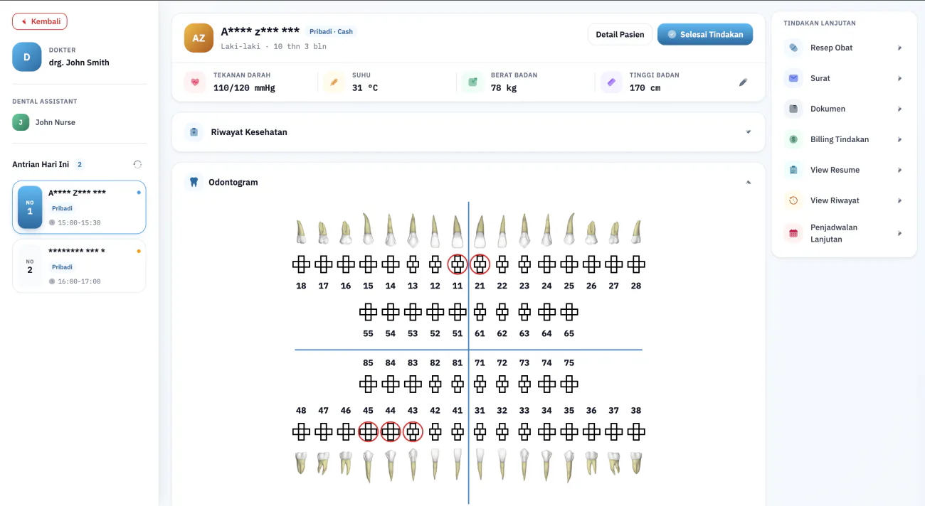 Screenshot Odontogram dan EMR Aplikasi Klinik iDental